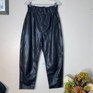 Zara Womens Faux Leather Joggers Pants Black High Waist Paperbag Elastic SZ 8